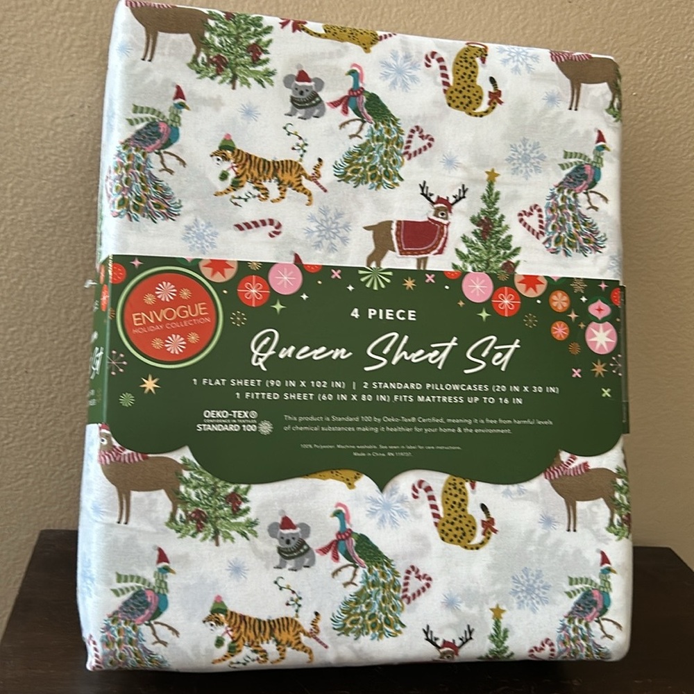 Envogue Queen Sheet Set New Christmas Safari Animals Tiger Reindeer Peacock - Picture 1 of 3